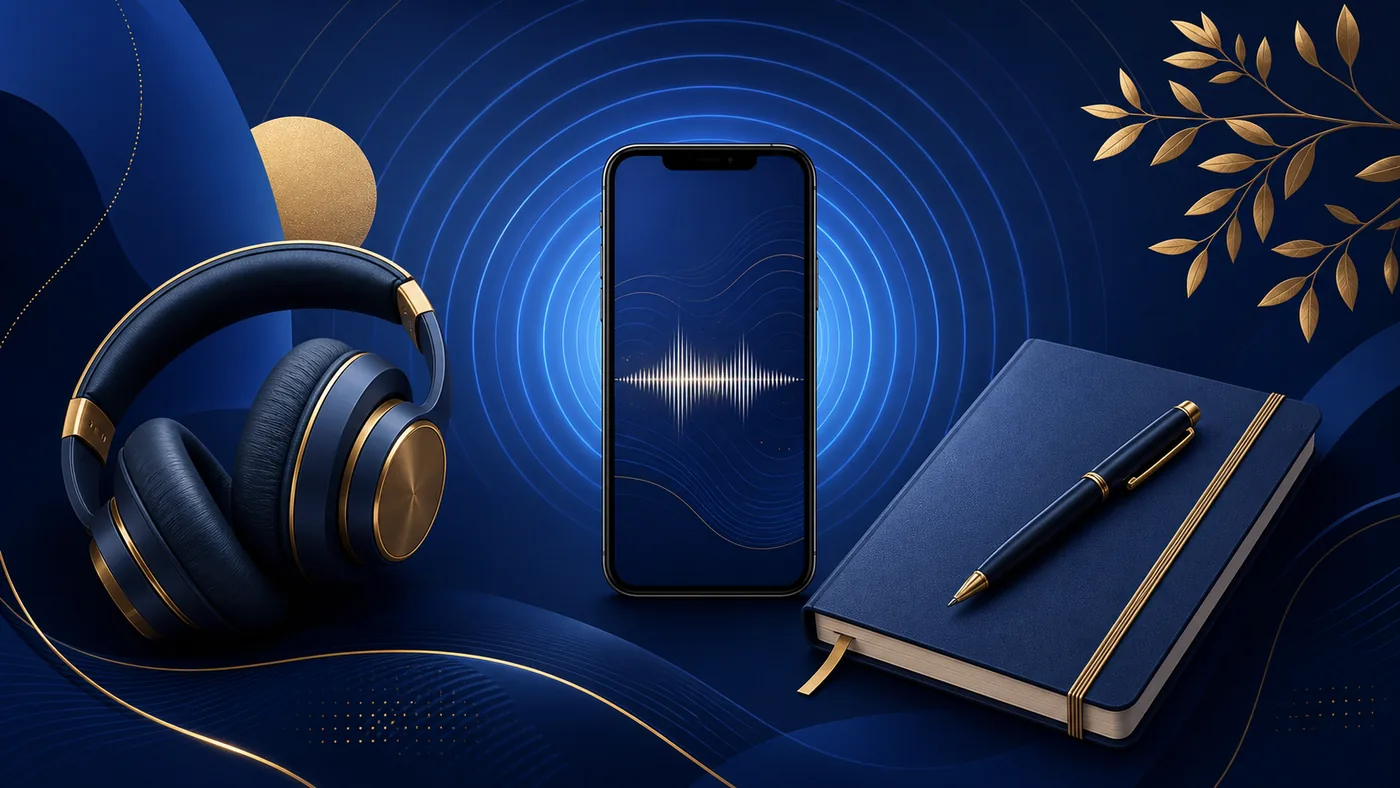 Headphones phone abstract sound waves and journal illustrating a short audio reflection ritual
