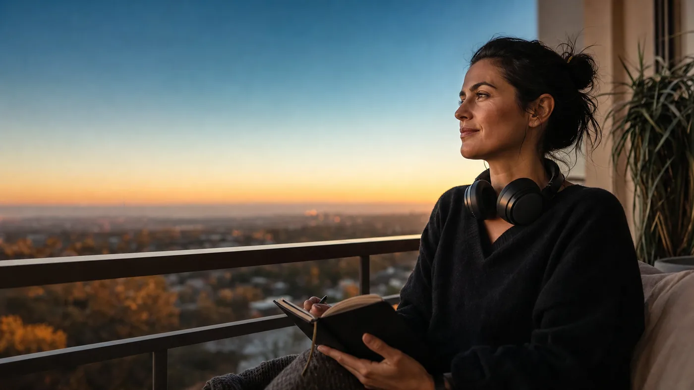 Woman on a quiet sunrise balcony holding a journal after a reflective listening session