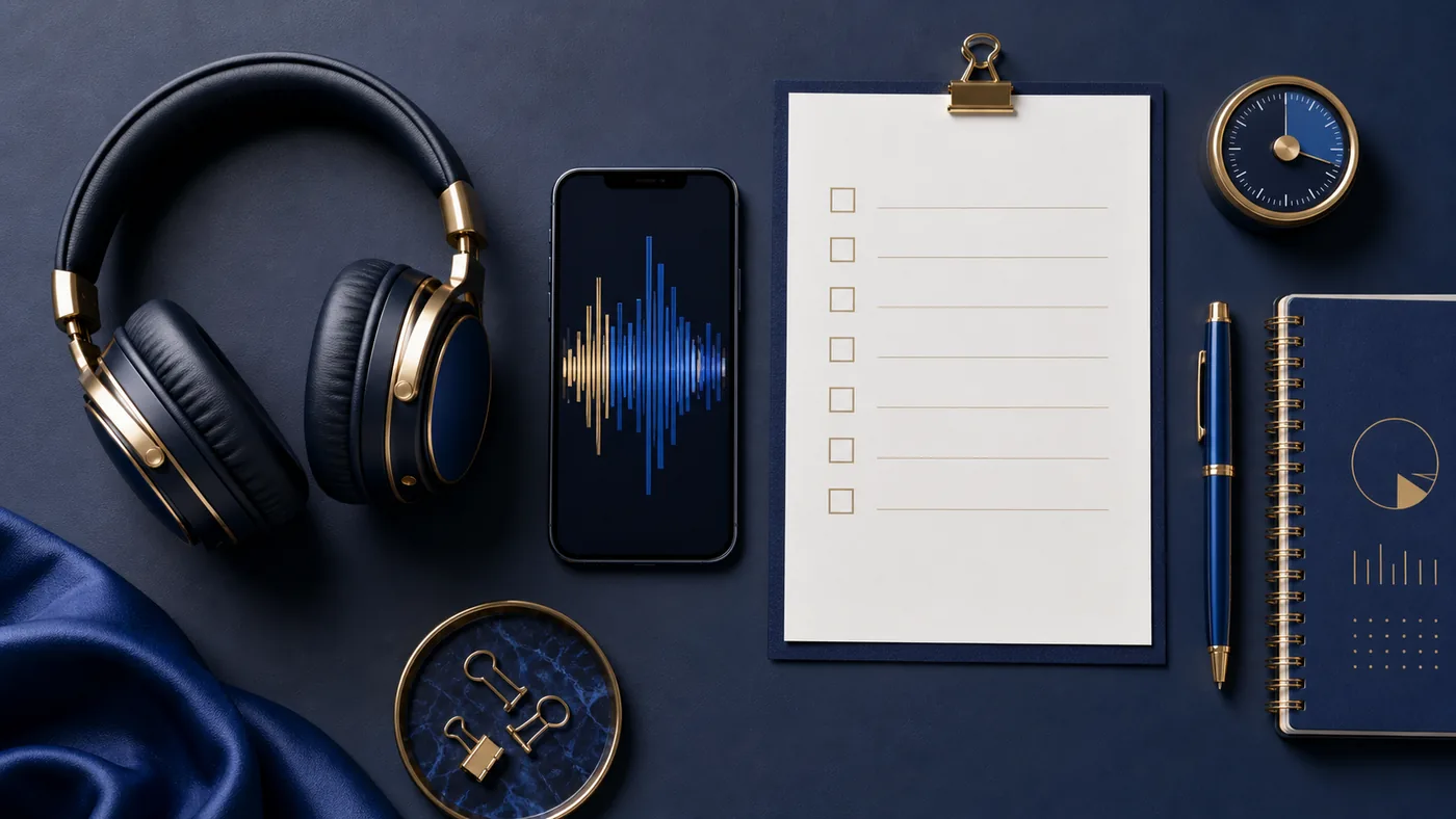 Top-down buyer decision desk with headphones phone timer journal and blank checklist